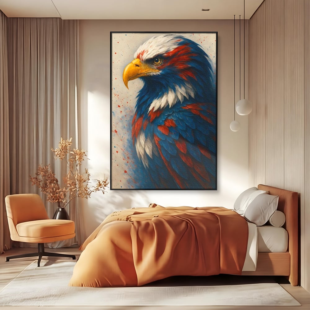 Tablou canvas cu tablou canvas cu vultur american pictat, in rama de aluminiu negru, pe perete intr-un dormitor